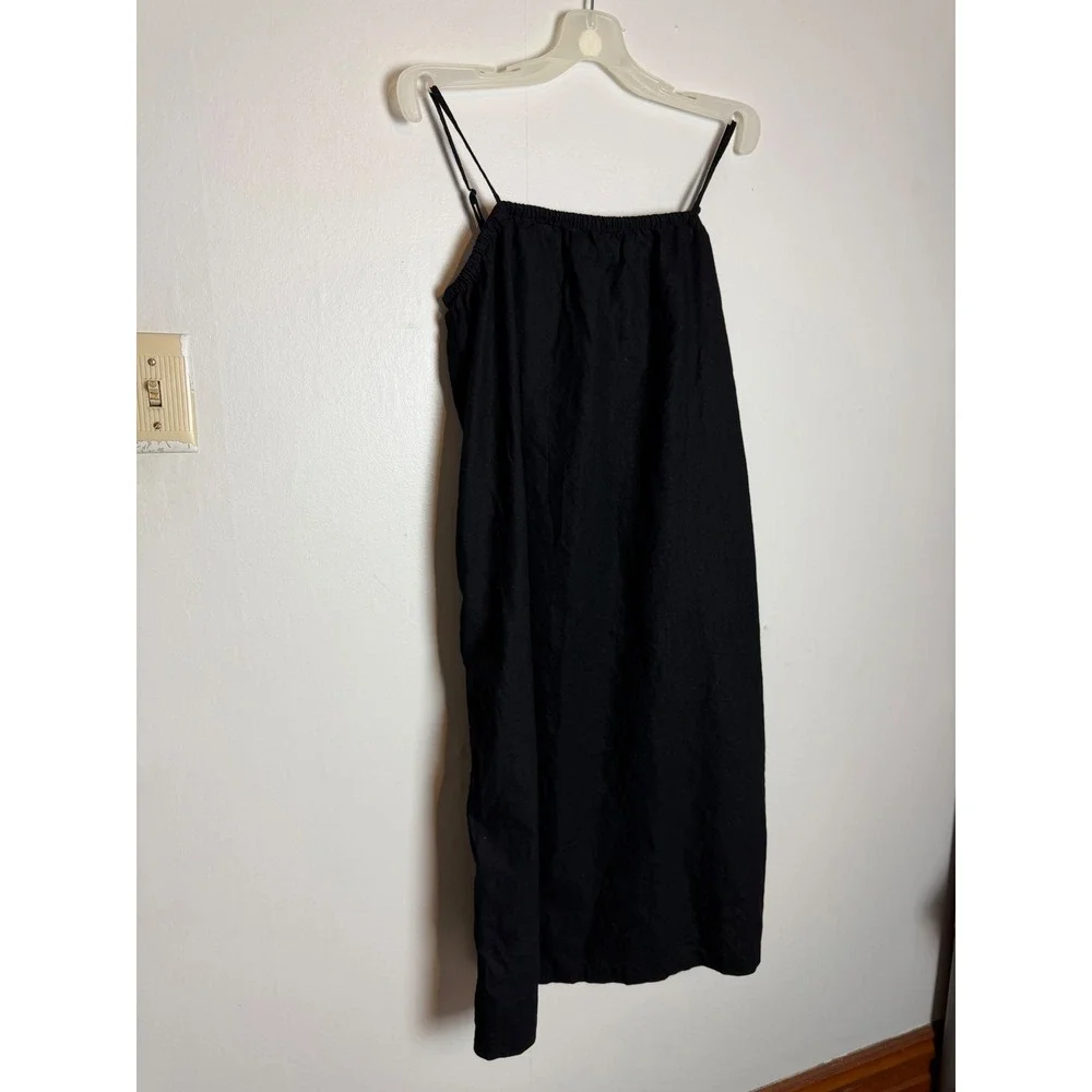Black‎ Linen Blend Midi Dress boxy lagenlook euro summer minimalist pockets M